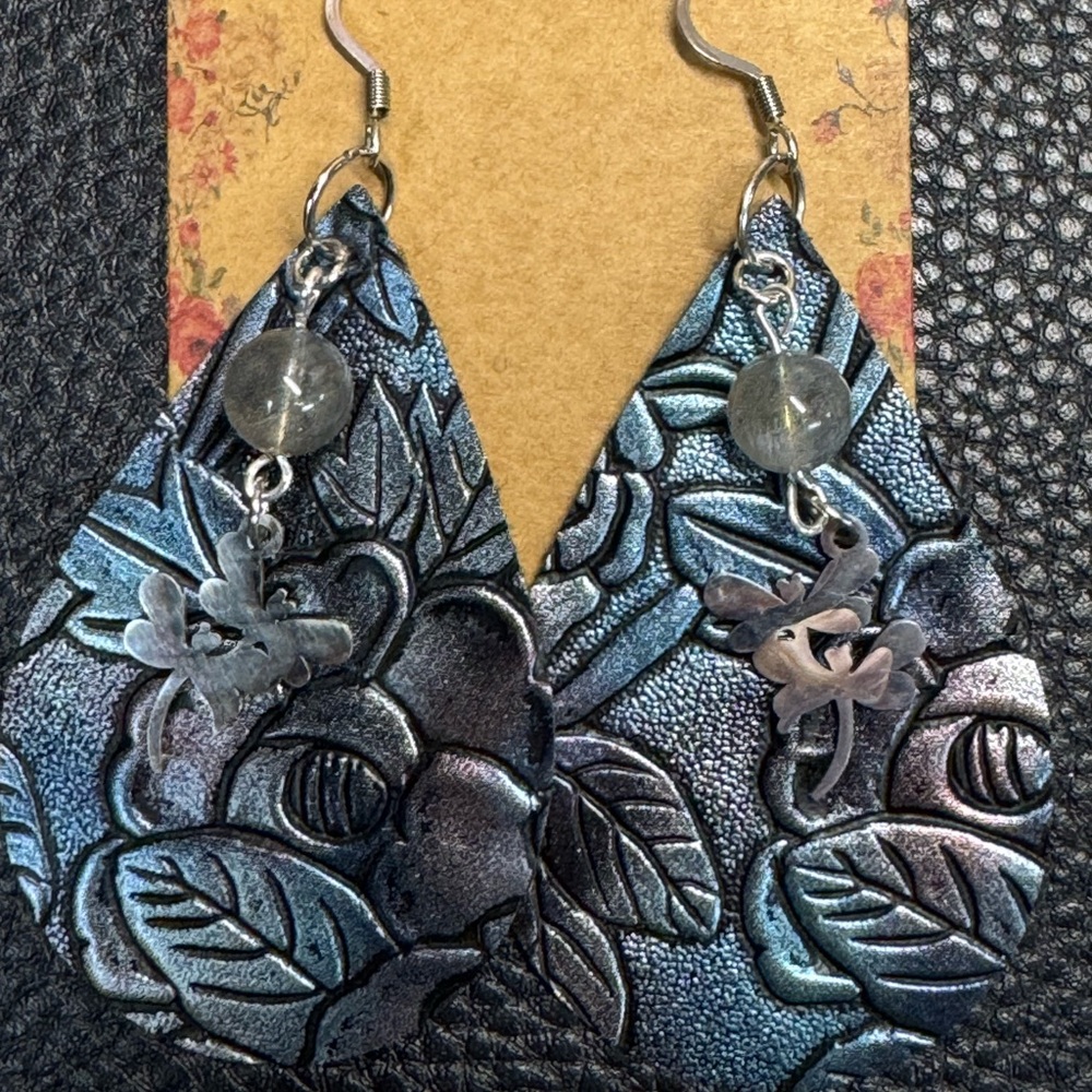 Handmade black iridescent faux leather teardrop earrings